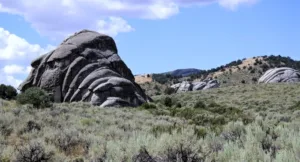 A large rock in a field, called City of Rocks.